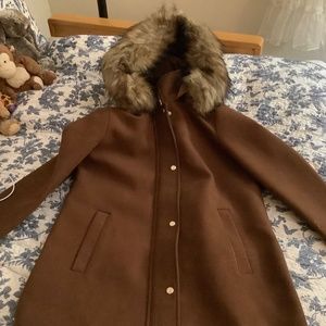 Nine West Brown Woolen Coat with Faux Fur Trimmed Hood, size S